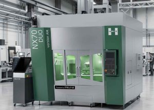 HORKOS NX70 DUO version AM hybrid machine combining Meltio wire-laser metal deposition with precision cutting, shown on a factory floor