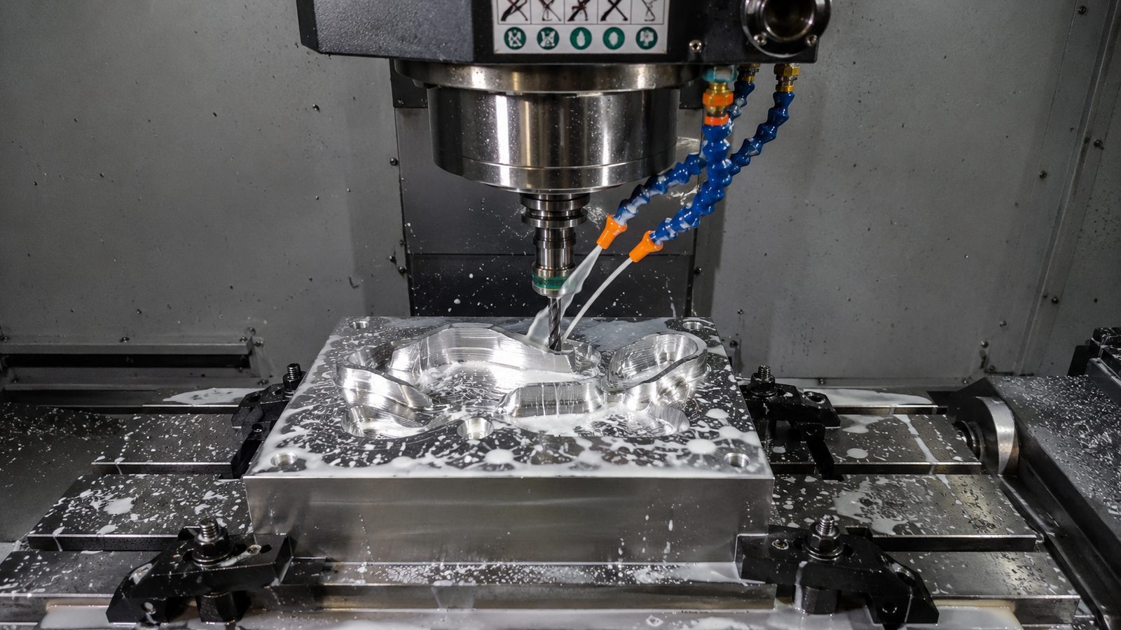 CNC machining center cutting a metal workpiece with coolant