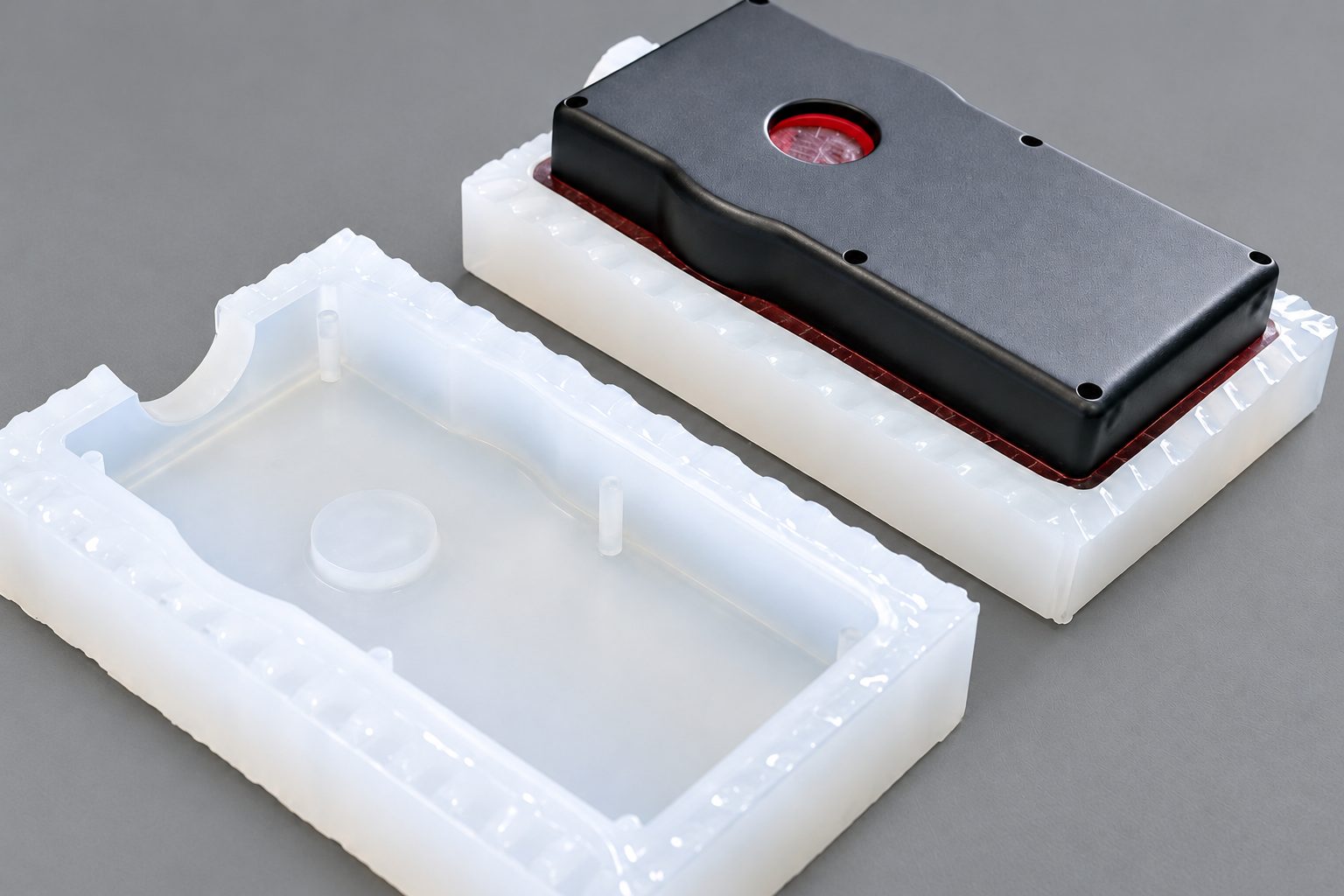 Two-part silicone mold and resin cast part for vacuum casting